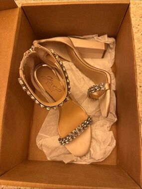 Jewel Badgley Mischka Champagne Satin Jeweled Ankle-Strap Sandals